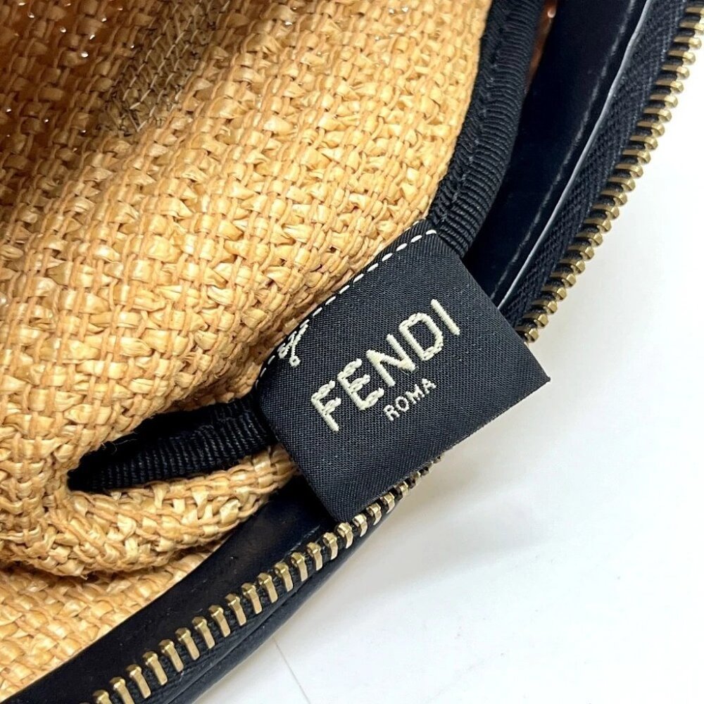FENDI 8N0149 straw logo Pouch Clutch bag Raffia / Leather Beige/Black - Picture 9 of 15